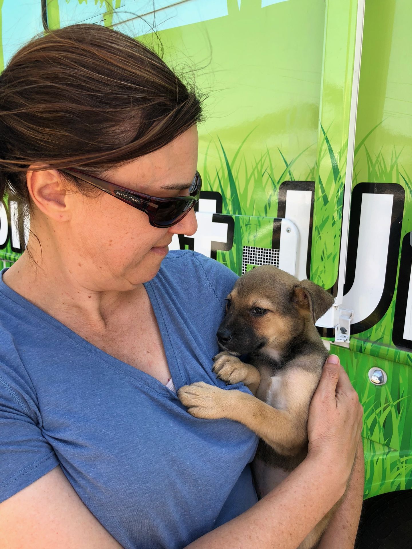Posey as a tiny puppy, held in someone's arms